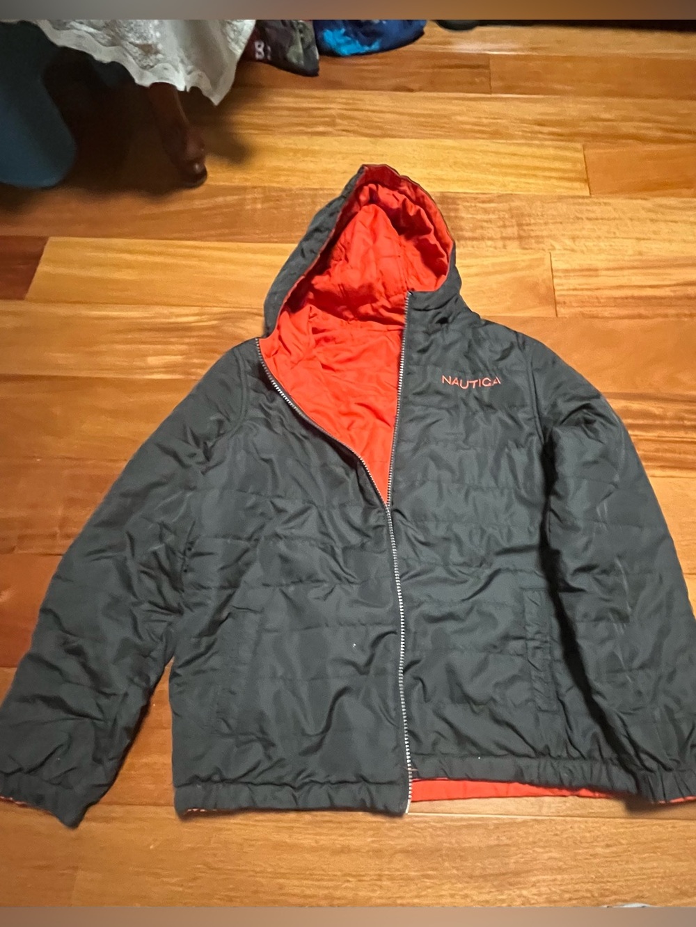 Nautica Kids Hooded Puffer Jacket in Charcoal with Orange Lining